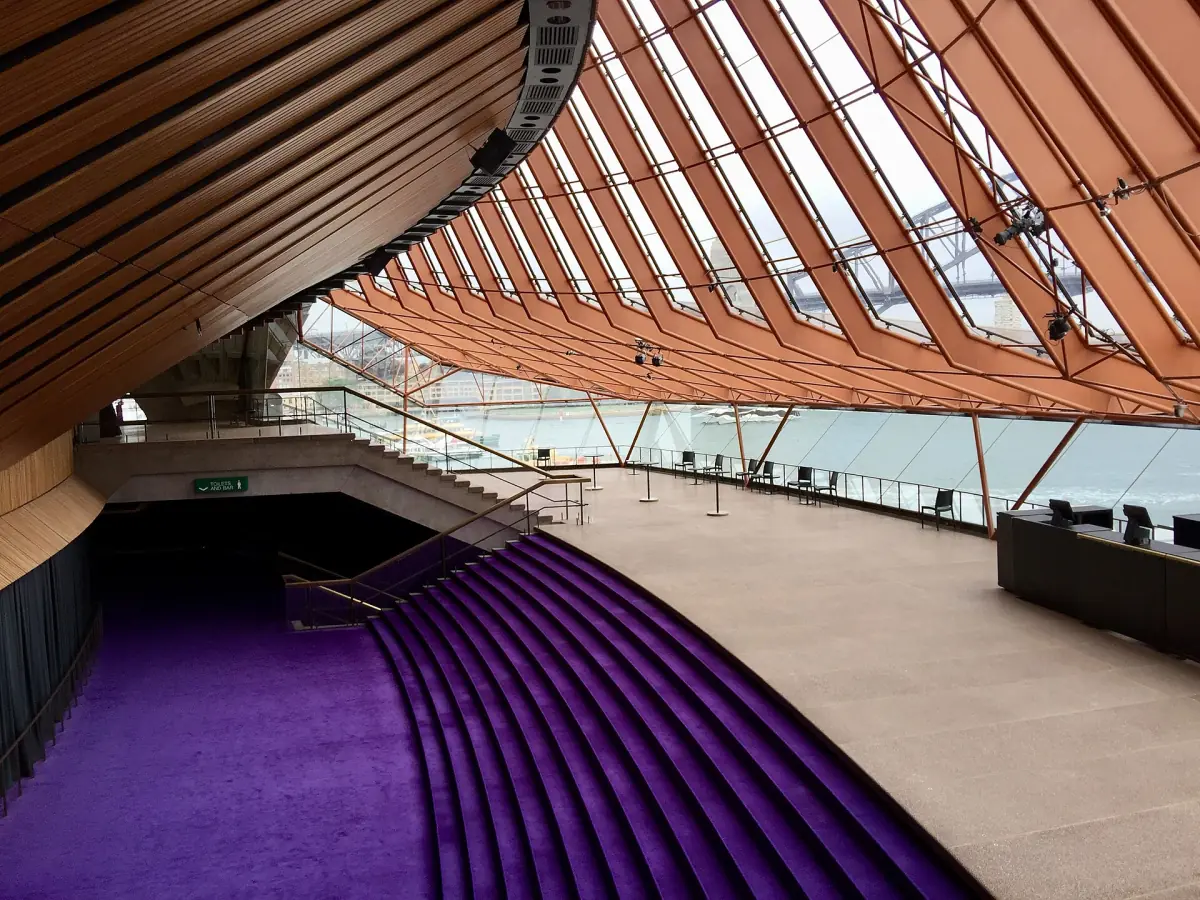 The foyer under the shells with views of the harbour