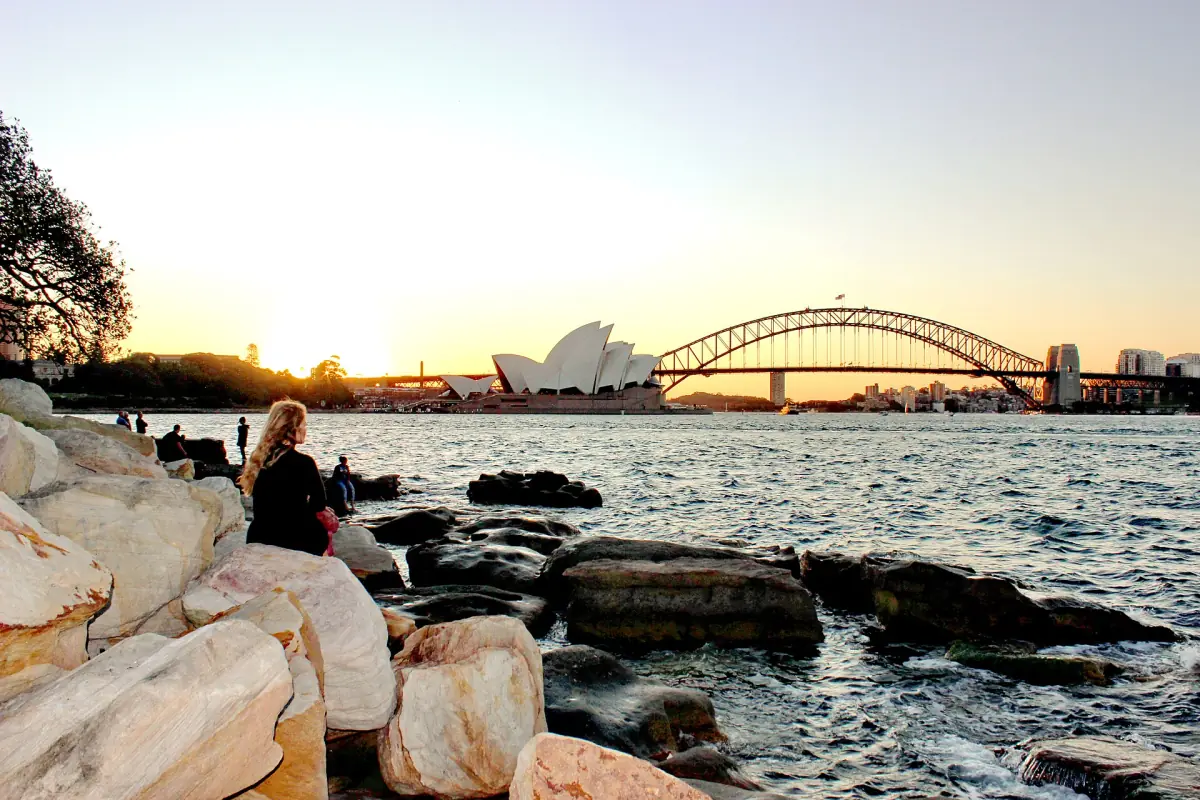 Sunset view of the Opera House and bridge from Mrs Macquarie's Point